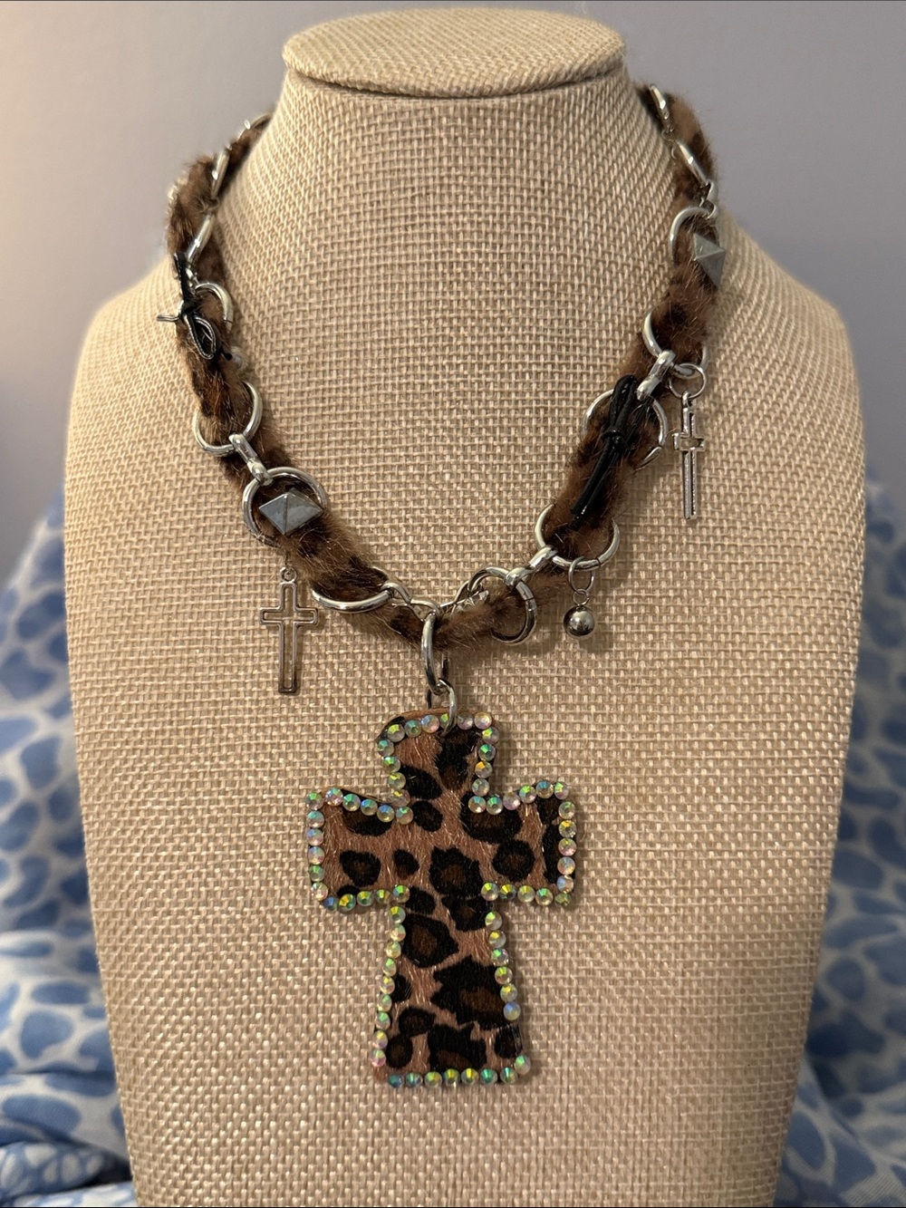 Leopard Print Cross Pendant Necklace with Brown Accents
